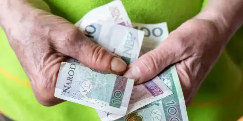 Dłonie trzymają polskie banknoty. Może to być pomoc z tytułu renta socjalna.