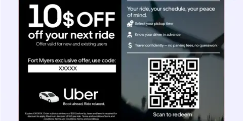 Ulotka informacyjna Uber: 10$ zniżki na przejazd, kod rabatowy, QR kod do zeskanowania.