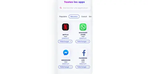 Interface d'une application rappel Android, affichant Netflix, WhatsApp, Messenger et Facebook Lite, tous gratuits à télécharger.