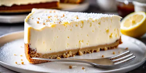 Tranche de cheesecake healthy sans cuisson, crémeuse et légère, garnie de miettes et saupoudrée de sucre glace. Un délice !