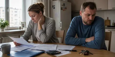 Para zmartwiona przegląda dokumenty, zastanawiając się, co z kredytem po rozwodzie.