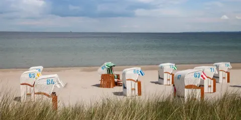 Plaża z koszami plażowymi, jakby to były luksusowe hotele w pałacach nad morzem.