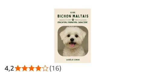 Portrait d'un bichon maltais blanc, joyeux, avec un texte "Guide Bichon Maltais".