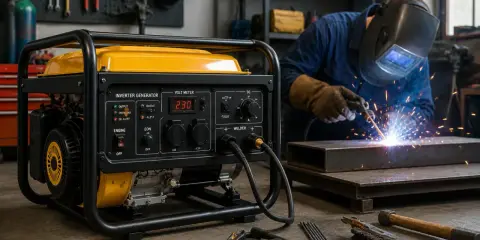Generador amarillo listo para soldar. Un soldador trabaja en el fondo, demostrando que se puede soldar con un generador de 2000w.