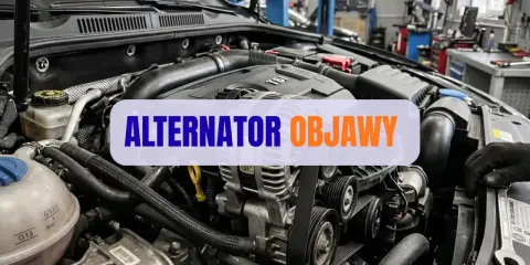 Silnik samochodu z widocznym alternatorem. Tekst: "ALTERNTOR OBJAWY". Dowiedz się, jak naprawić alternator.