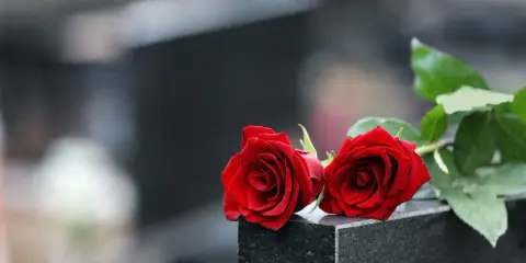 Zwei rote Rosen auf einem Grabstein, ein Symbol der Erinnerung 40 Tage nach dem Tod im katholischen Glauben.