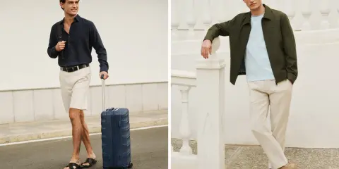 Męskie stylizacje casual: ciemna koszula i beżowe szorty z walizką, lub oliwkowa kurtka, błękitna koszulka i lniane spodnie.