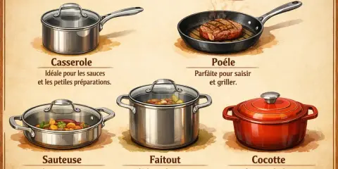 Illustration des ustensiles de cuisine. La différence entre cocotte et faitout est claire : la cocotte est rouge et idéale pour les braisés, le faitout est argenté pour soupes et bouillons.