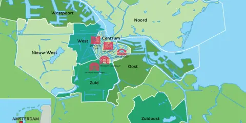 Mapa Amsterdamu z zaznaczonymi dzielnicami: Centrum, West, Noord, Oost, Zuid, Zuidoost, Westpoort, Nieuw-West. Idealny amsterdam przewodnik.