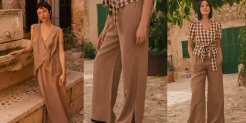 A woman models a chic beige linen pants outfit, showcasing a flowy wrap top and wide-leg trousers with stylish side slits.