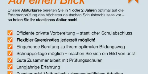Online Abitur: Flexibler Quereinstieg, staatlicher Schulabschluss in 1-2 Jahren. Intensive Vorbereitung, Beratung, Erfahrung.