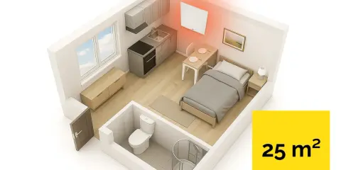 Jaki grzejnik elektryczny do pokoju 25m²? Wnętrze kawalerki z łóżkiem, aneksem kuchennym i łazienką, ogrzewane nowoczesnym panelem.