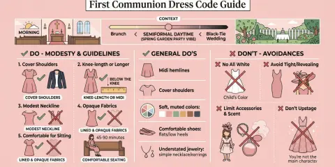 Dress code guide for a female guest at a first communion: cover shoulders, knee-length or longer, modest neckline, opaque fabrics, midi hemlines, muted colors, comfortable shoes, simple jewelry.