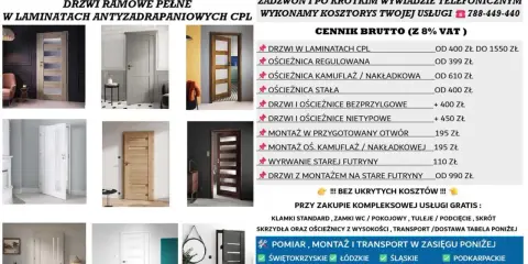 Katalog drzwi i ościeżnic, w tym maskownica futryny metalowej. Oferta obejmuje montaż i transport.