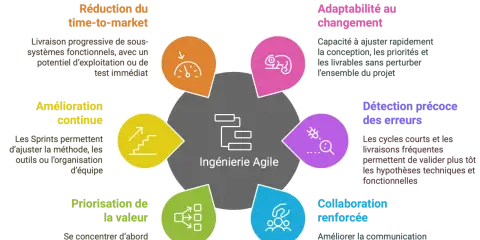 Schéma illustrant les bénéfices de l'ingénierie Agile pour une gestion de projet complexe : réduction du time-to-market, amélioration continue, priorisation, adaptabilité, détection d'erreurs et collaboration.
