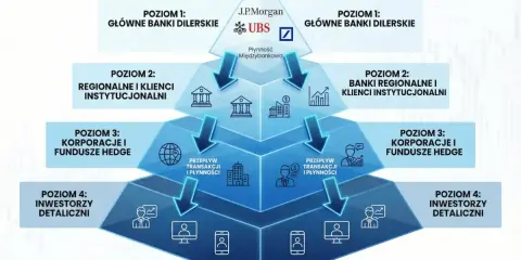 Schemat piramidy finansowej, pokazujący przepływy na otc giełdzie od głównych banków do inwestorów detalicznych.