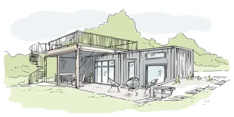 Dessin d'une maison moderne en conteneurs avec terrasse et escalier extérieur.