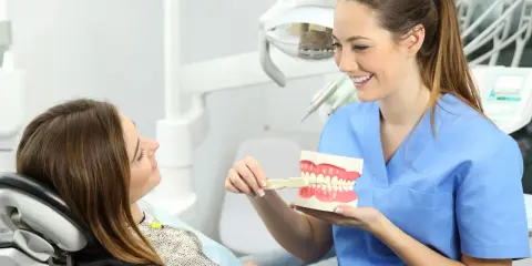 Uśmiechnięta higienistka stomatologiczna pokazuje pacjentce model szczęki. Dobra higena to podstawa, a zarobki higienistki stomatologicznej są satysfakcjonujące.