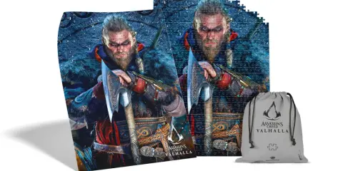Puzzle z Eivorem z Assassin's Creed Valhalla i worek do przechowywania gier i puzzli.