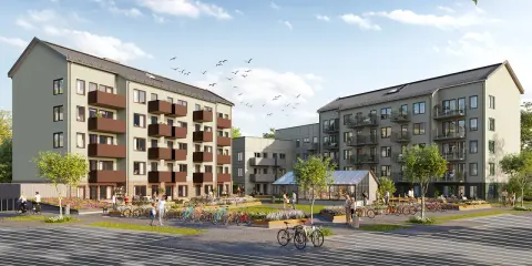 Nya Hovås: moderna lägenhetshus med balkonger, grönskande innergård med växthus och cyklar.