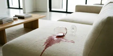 Ein umgekipptes Weinglas hinterlässt einen roten Fleck auf dem hellen Polster. So lassen sich Wasserflecken Polster entfernen.