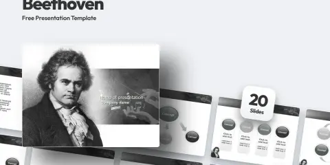 Szablon prezentacji "Beethoven" z portretem kompozytora i elementami graficznymi nawiązującymi do muzyki.