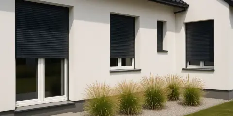 Nowoczesny dom z białym tynkiem, okna z czarnymi roletami zewnętrznymi, które dodają elegancji.