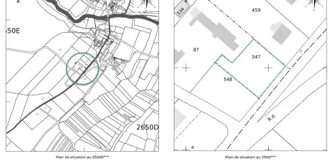 Plan de construction montrant deux cartes : une vue d'ensemble au 1/5000ème et un zoom au 1/500ème sur la parcelle 547.