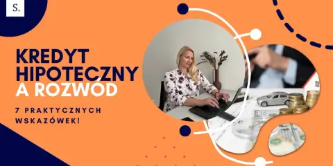 Kredyt hipoteczny a rozstanie: kobieta pracuje przy laptopie, obok monety, model domu i samochodu. 7 praktycznych wskazówek.