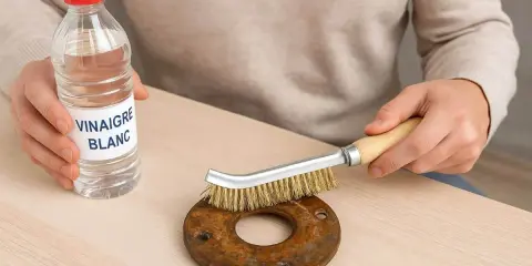Une personne utilise du vinaigre blanc et une brosse métallique pour nettoyer du métal rouillé.