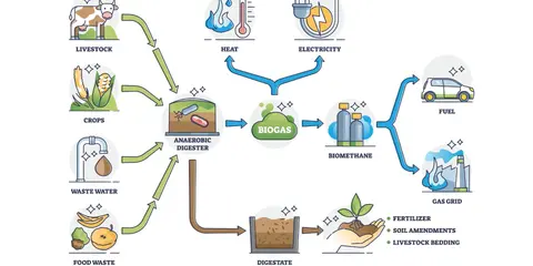 Schema zeigt, wie wird aus biomasse energie gewonnen: Gülle, Pflanzen, Abwasser und Lebensmittelabfälle werden in einem Biogasfermenter zu Biogas verarbeitet, das zu Wärme, Strom, Biokraftstoff und Gasnetz wird.