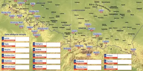 Mapa Polski z zaznaczonymi szczytami, w tym korona gor.