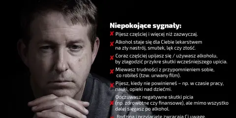 Zamyślony mężczyzna z dłońmi pod brodą. Obok lista sygnałów ostrzegawczych, wskazujących na codzienne picie alkoholu wieczorem jako problem.