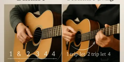 Deux guitares acoustiques, l'une illustrant un rythme binaire (mesure 3/4), l'autre un rythme ternaire (swing).