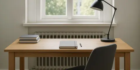 Drewniane biurko pod oknem z kaloryferem. Na blacie notatnik, długopis i lampka. Obok krzesło.