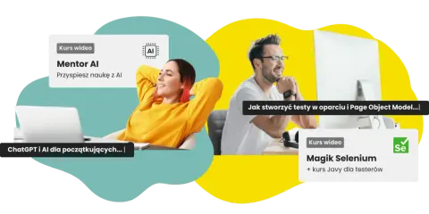 Kobieta z laptopem i kurs "Mentor AI", mężczyzna przy komputerze z kursem "Magik Selenium" - nauka tworzenia testów, w tym **automation qa**.