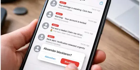 Hand blockiert unerwünschte SMS. Die Nachricht "Absender blockieren?" wird auf dem Smartphone angezeigt.
