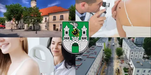 Kolaż: ratusz, lekarz badający znamię, herb miasta, pacjentka i widok ulicy.