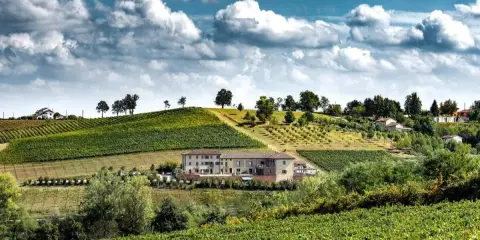Un perfetto weekend nel Monferrato tra vigneti rigogliosi e colline dolci, con un casale in pietra che domina il paesaggio.