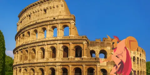 Il Colosseo fa da sfondo a un guerriero stilizzato, perfetto per una ricerca sul Colosseo per la scuola primaria.