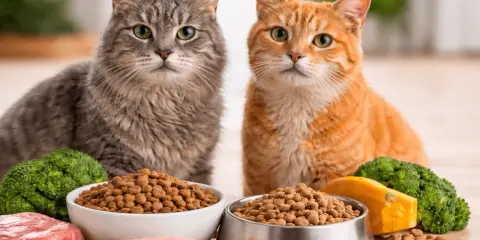Två katter, en grå och en orange, sitter framför skålar med torrfoder. Runtomkring finns rått kött, broccoli, blåbär och en bit pumpa. Perfekt för seniorfoder katt.