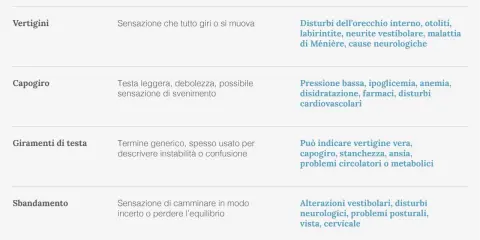 Tabella che descrive disturbi come vertigini, capogiro, giramenti di testa e sbandamento, con possibili cause. La vertigine posizionale parossistica benigna è una delle cause di vertigini.