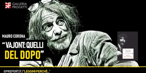 Mauro Corona racconta "Vajont: quelli del dopo". Ritratto dell'autore e copertina del libro.
