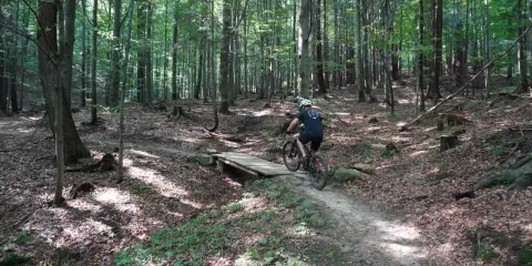 Rowerzysta na rowerze elektrycznym pokonuje drewniany mostek na leśnym szlaku, jadąc pod górkę.