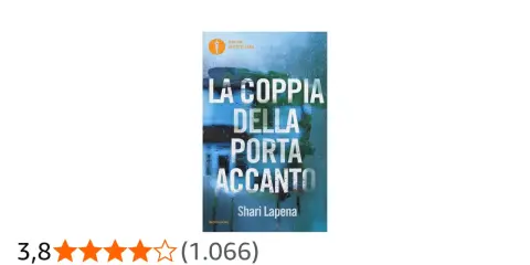 Copertina del libro "La coppia della porta accanto" di Shari Lapena, con sfondo piovoso e valutazione 3,8 stelle.