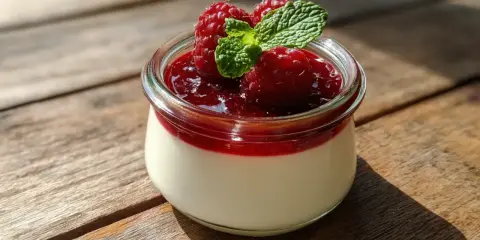 Panna cotta crémeuse dans un pot en verre, garnie de framboises fraîches, de coulis de fruits rouges et d'une feuille de menthe.