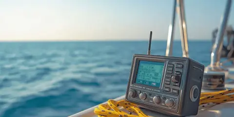 Radio VHF sur un voilier, prêt à communiquer. Le vhf signification est essentiel pour la sécurité en mer.