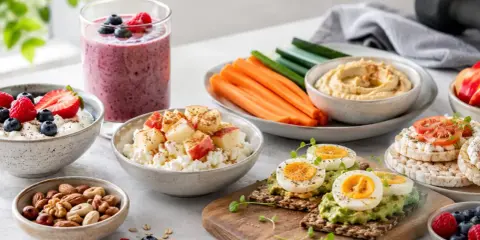 En härlig samling av nyttiga alternativ för ett bra mellanmål: smoothie, kvarg med bär, äggmackor, grönsaksstavar med hummus och nötter.