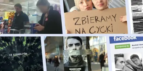 Przykłady reklam społecznych: dwie kobiety z transparentem, plakat z zaklejoną taśmą twarzą, ekran Facebooka, zdjęcie lasu z napisem "19 gigabajtów".