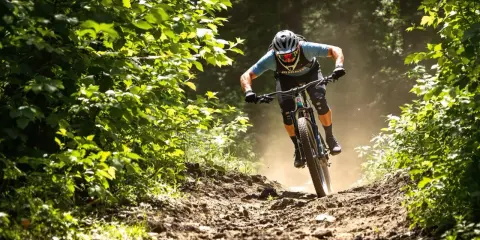 Kolarz MTB w pełnym skupieniu, z zachowaniem prawidłowej pozycji na rowerze, zjeżdża po kamienistym szlaku, wzbijając tumany kurzu.